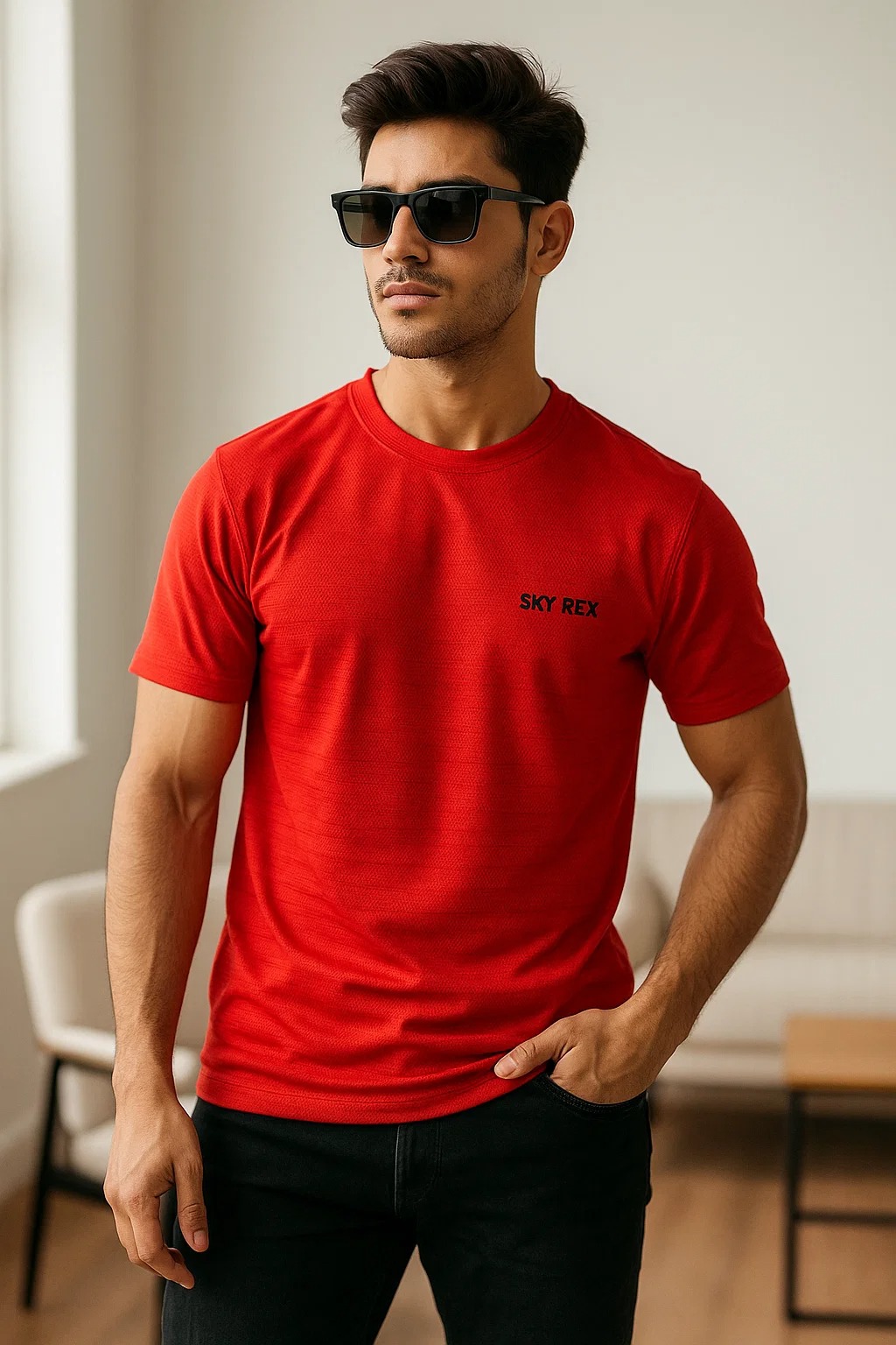 SKYREX MEN DOTTED RED ROUND NECK TSHIRT
